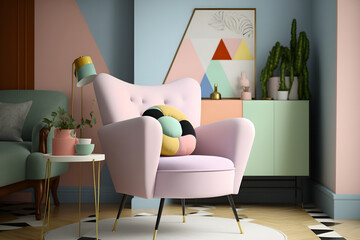 Pastel pink armchair in the living room, in memphis style, Generative AI