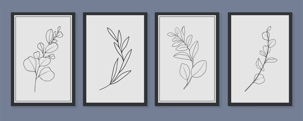 Outline doodle eucalyptus twigs leaves on blue background in line art style. Greenery vector illustration in minimalist style.