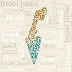 Israel map design. Country names in different languages and map shape with geometric low poly triangles. Classy vector illustration of Israel.