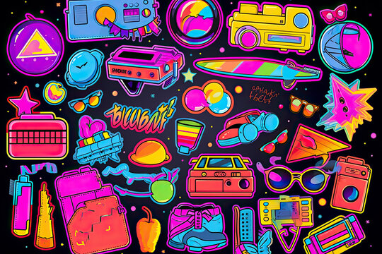 Retro 80s 90s clipart set. Neon colors y2k fashion patch, badge, emblem, stickers