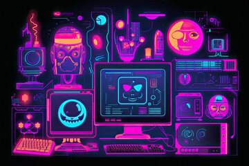 Neon old computer aestethic. Retro pc elements, user interface, psychedelic greek sculpture, smile, planet, windows, icons in trendy y2k retro style. Vector illustrations