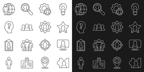 Set line Head hunting, Location with person, Users group, question mark, and Human gear icon. Vector