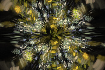 Yellow blurred pattern of curved shapes on a black background. Abstract fractal 3D rendering