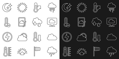 Set line Cloud with rain, Location cloud, Meteorology thermometer, Weather forecast, Moon and stars and icon. Vector