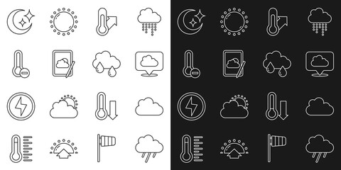 Set line Cloud with rain, Location cloud, Meteorology thermometer, Weather forecast, Moon and stars and icon. Vector