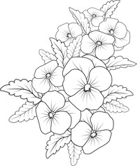 pansy flower illustration, Pansy flower art, vector illustration of a font view pansy flower, in hand-drawn botanical spring elements natural collection line art for coloring page, Realistic flower