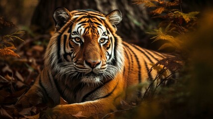 Capture the striking beauty of a tiger in its natural habitat, using bold strokes and contrasting colors to convey its power and intensity Generative AI