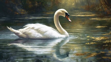 Depict a graceful swan swimming in a serene pond, using soft colors and subtle detailing to convey its beauty and tranquility Generative AI
