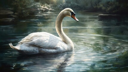 Depict a graceful swan swimming in a serene pond, using soft colors and subtle detailing to convey its beauty and tranquility Generative AI