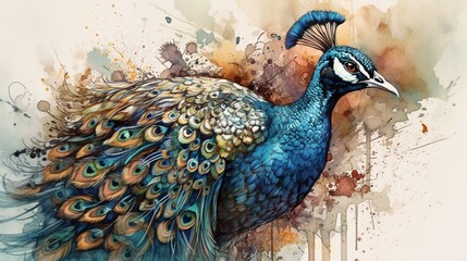 Illustrate a stunning and intricate watercolor portrait of a regal peacock on a white background, using bold colors and intricate detailing to convey its exotic beauty and grace Generative AI