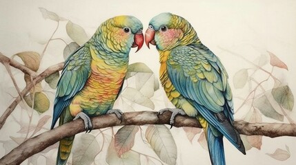 Depict a charming watercolor painting of a pair of lovebirds, using soft colors and intricate detailing to convey their beauty and grace Generative AI