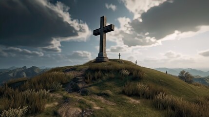 Cross crucifixion of jesus - Wooden cross at sunset sky background. Crucifixion and resurrection concept. Generative Ai