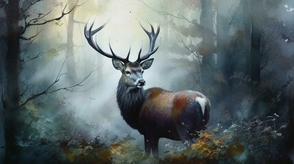 Paint a beautiful and serene watercolor of a regal stag standing in a lush forest, using soft colors and subtle brushstrokes to convey its majestic presence Generative AI