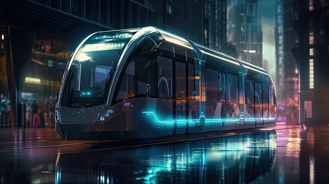Urban mobility future - tram, metro, subway in futuristic city. Generative AI.
