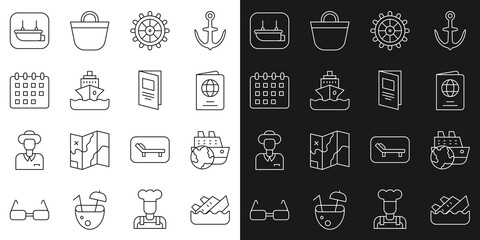 Set line Sinking cruise ship, Cruise, Passport, Ship steering wheel, Calendar, Lifeboat and Brochure icon. Vector