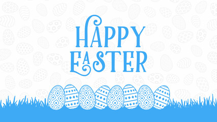 Blue Color Easter web digital banner with cloud background and has space to write. bunny rabbit, eggs flowers, white clouds, spring border frame. Happy Easter card.