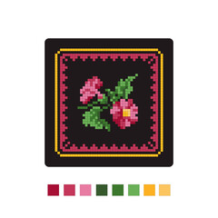 Cross stitch design with floral pattern. Vector illustration. Cartoon flat style