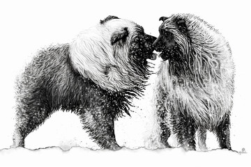 big dogs playing, white background, black and white drawing, generative ai