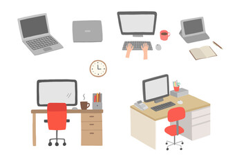 オフィスのデスクとパソコンなどの手描きイラストセット