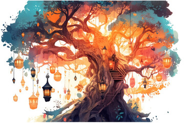 Magical tree adorned with intricate fantasy lanterns, otherworldly setting, enchanting atmosphere, warm, dappled light - Generative Ai