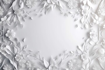 Elegant white floral abstract background with copy-space, charm frame shape image for card, wedding, celebration, invitation, birthday, voucher, wallpaper, romantic decoration. Generative AI - obrazy, fototapety, plakaty