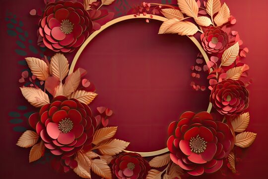 Luxury floral abstract background, golden circle frame with golden and red flowers and leaves. Floral card. Generative AI 