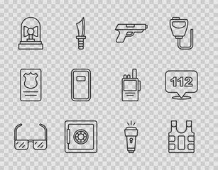 Set line Safety goggle glasses, Bulletproof vest, Pistol or gun, Flasher siren, Police assault shield, Flashlight and Telephone call 112 icon. Vector