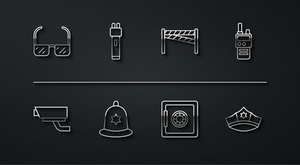 Set line Safety goggle glasses, Security camera, Walkie talkie, British police helmet, Police electric shocker, cap with cockade and Crime scene icon. Vector
