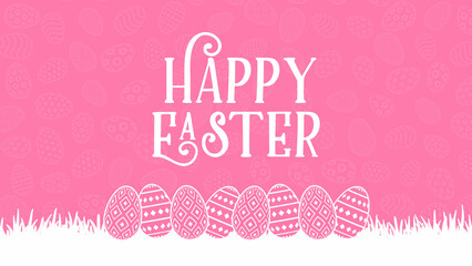 Pink Color Easter web digital banner with cloud background and has space to write. bunny rabbit, eggs flowers, white clouds, spring border frame. Happy Easter card.