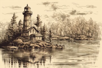 solitary lighthouse on a rocky island surrounded by stormy waves. Generative AI