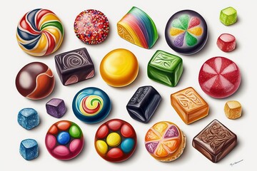 Obraz premium Various colored candies on a white background.AI technology generated image