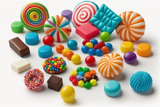 Various colored candies on a white background.AI technology generated image