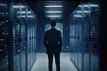 Male CEO standing in a data center.