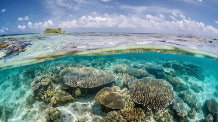 
The crystal-clear waters and white sand beaches of the Maldives, with colorful coral reefs and abundant marine life 