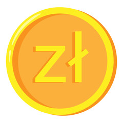 Golden Polish zloty coin symbol PLN on white background. Finance investment concept. Exchange Polish currency