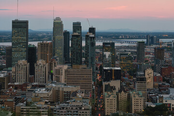 View of the Montreal downtown cityscape from Belvedere Kondiaronk at sunset, Montreal, Canada