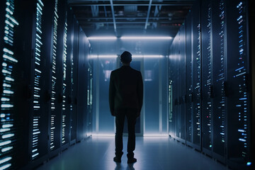 Male CEO standing in a data center, from behind or back view