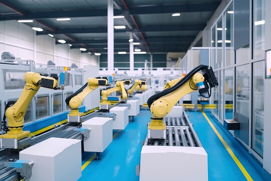 Modern intelligent logistics warehouse boxes on conveyor belts.AI technology generated image