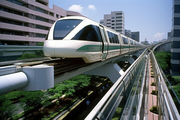 Naklejka premium Light rail shuttles through the city.AI technology generated image