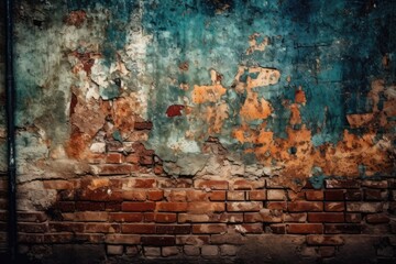 weathered brick wall with chipped and flaking paint. Generative AI