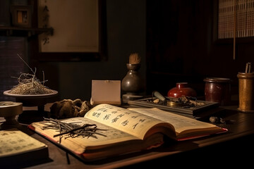Naklejka na ściany i meble Traditional Chinese medicine on the table. AI technology generated image