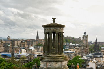 Balmoral Hotel clock tower, Edinburgh Castle, Scott Monument, and St Giles' Cathedral from Calton Hill in Edinburgh, Scotland, UK