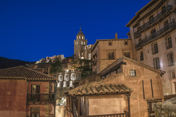 Church and medieval houses of Albarracin at night. Albarracin is one of the towns of Teruel and Spain. 