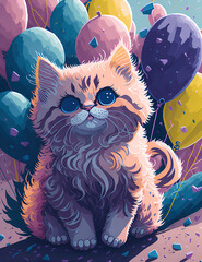A fluffy kitten surrounded by colorful balloons and confetti, a watercolor effect, digital painting illustration, Generative AI