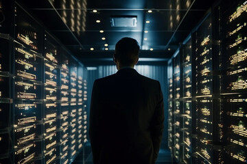 Male CEO standing in a data center.