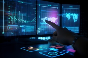 Close-up of a hand typing on a virtual screen using a laptop - perfect for technology, work from home, and remote work concepts. AI Generative