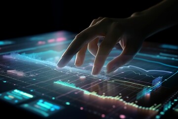 Close-up of a hand typing on a virtual screen using a laptop - perfect for technology, work from home, and remote work concepts. AI Generative