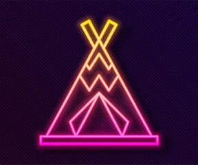 Glowing neon line Traditional indian teepee or wigwam icon isolated on black background. Indian tent. Vector