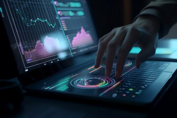Close-up of a hand typing on a virtual screen using a laptop - perfect for technology, work from home, and remote work concepts. AI Generative