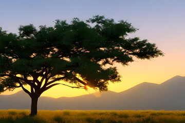 Fototapeta na wymiar Silhouette of Acacia Trees at a dramatic sunset in Africa. generative AI